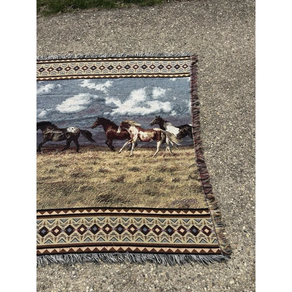 Vintage 90s C. Cummings Horses Fringe Throw Tapestry Blanket 13 FEET X 64 Inches